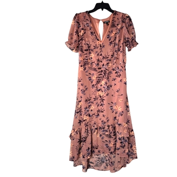 EXPRESS Medium Floral Print Ruffle Short Sleeve Hi Lo Tiered Lined Midi Dress - Picture 2 of 12